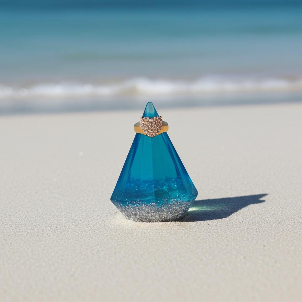 Blue resin ring display with a ring on a sandy beach