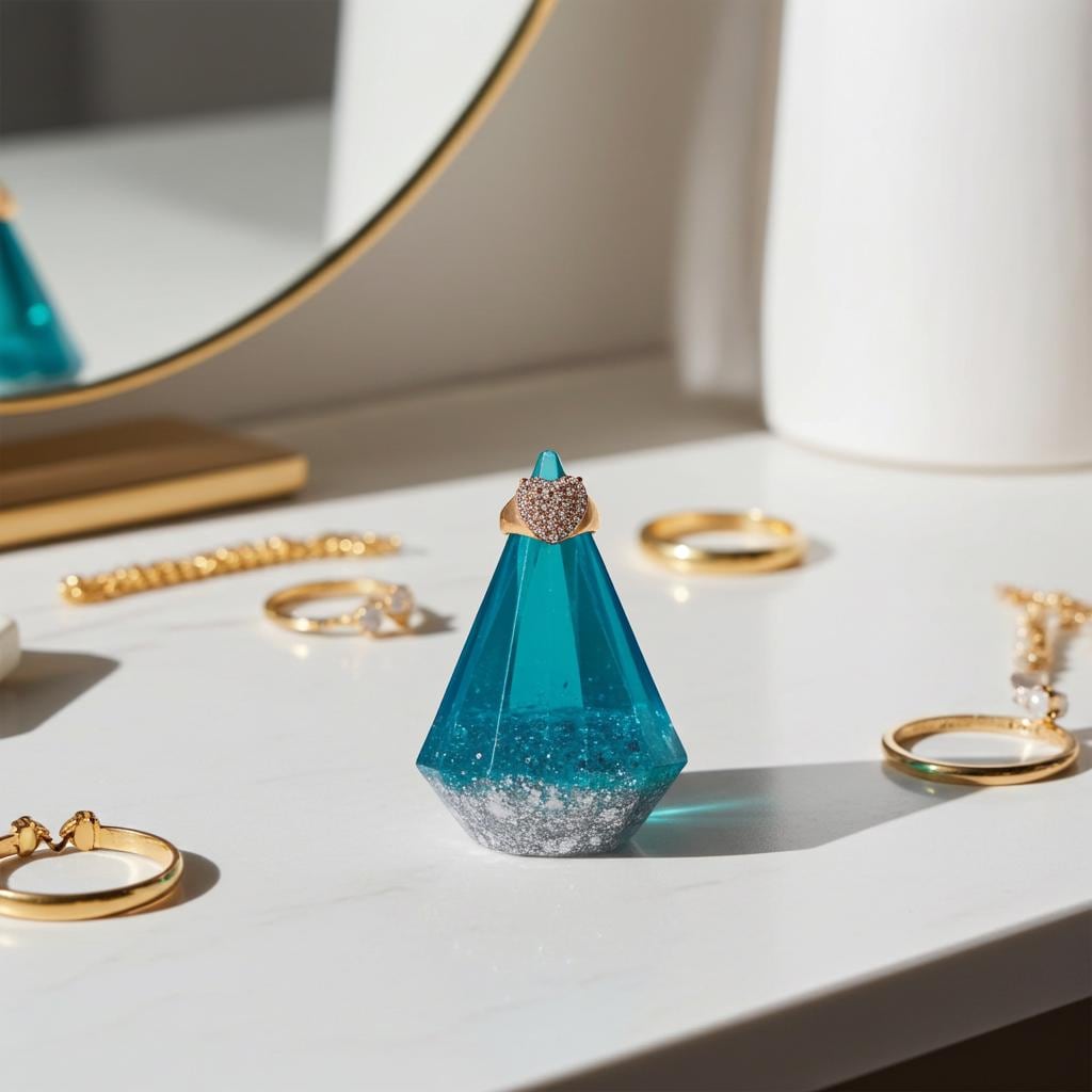 Blue and silver sequin ring holder display on a surface with jewelry in the background