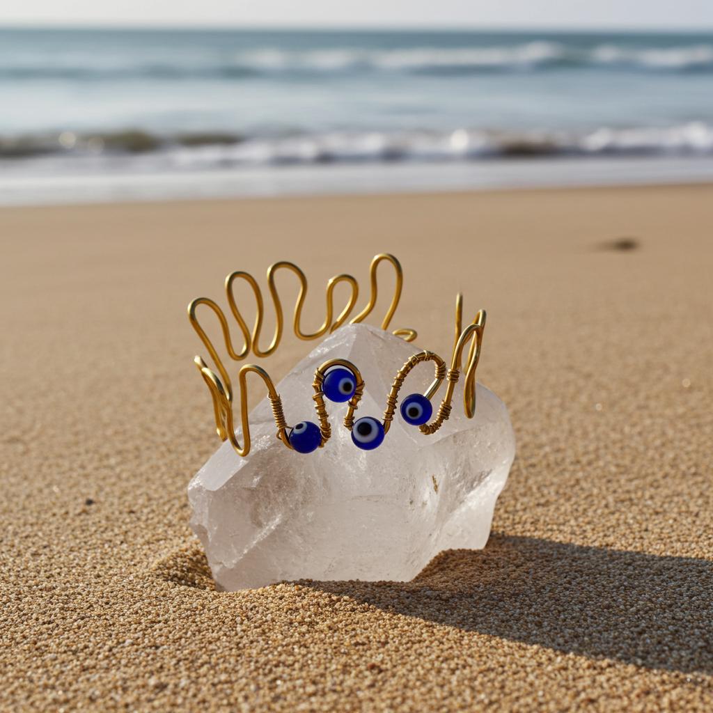 Copper wire evil eye beaded bracelet on a clear crystal block on a sandy beach.