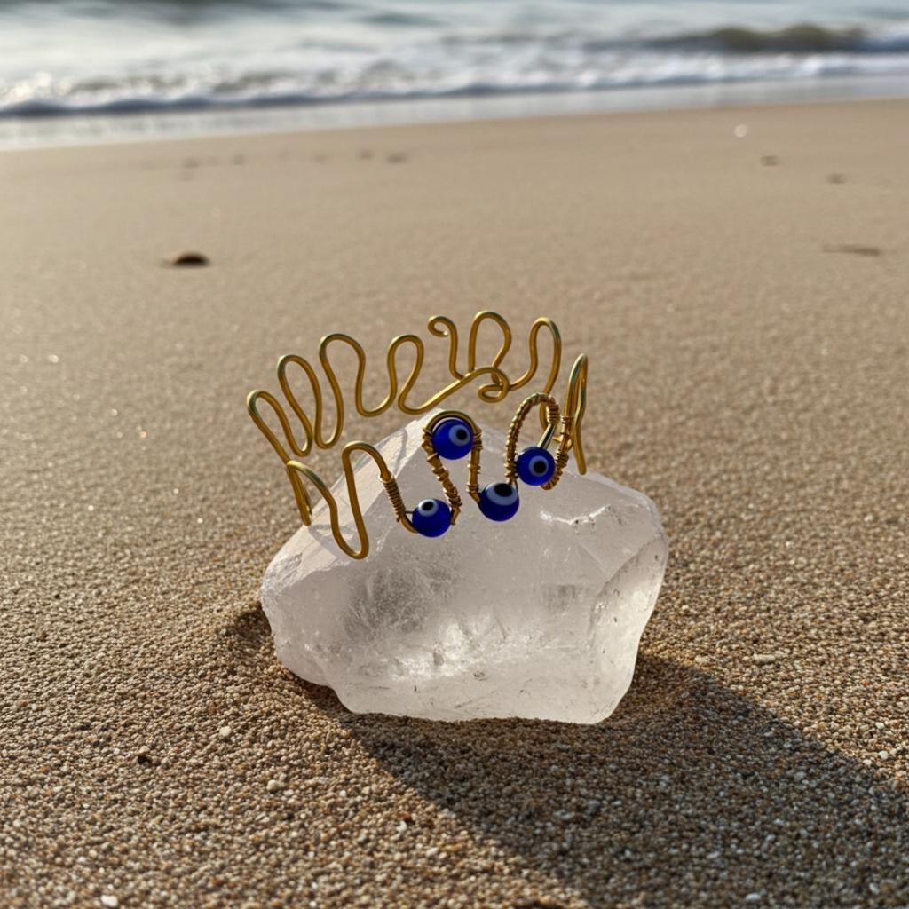 Copper wire bracelet with blue evil eye beads on a clear crystal block on a sandy beach.