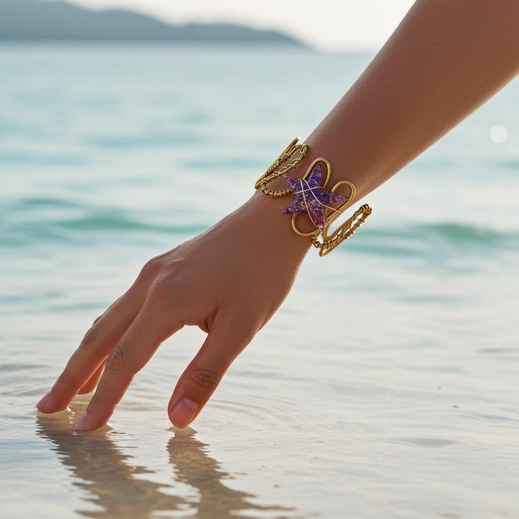 Hand wearing gold bracelets with a starfish charm touching water by the sea.