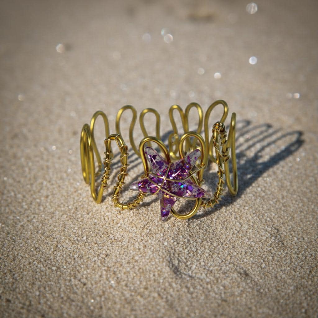 Gold bracelet with a purple star-shaped gemstone on sand
