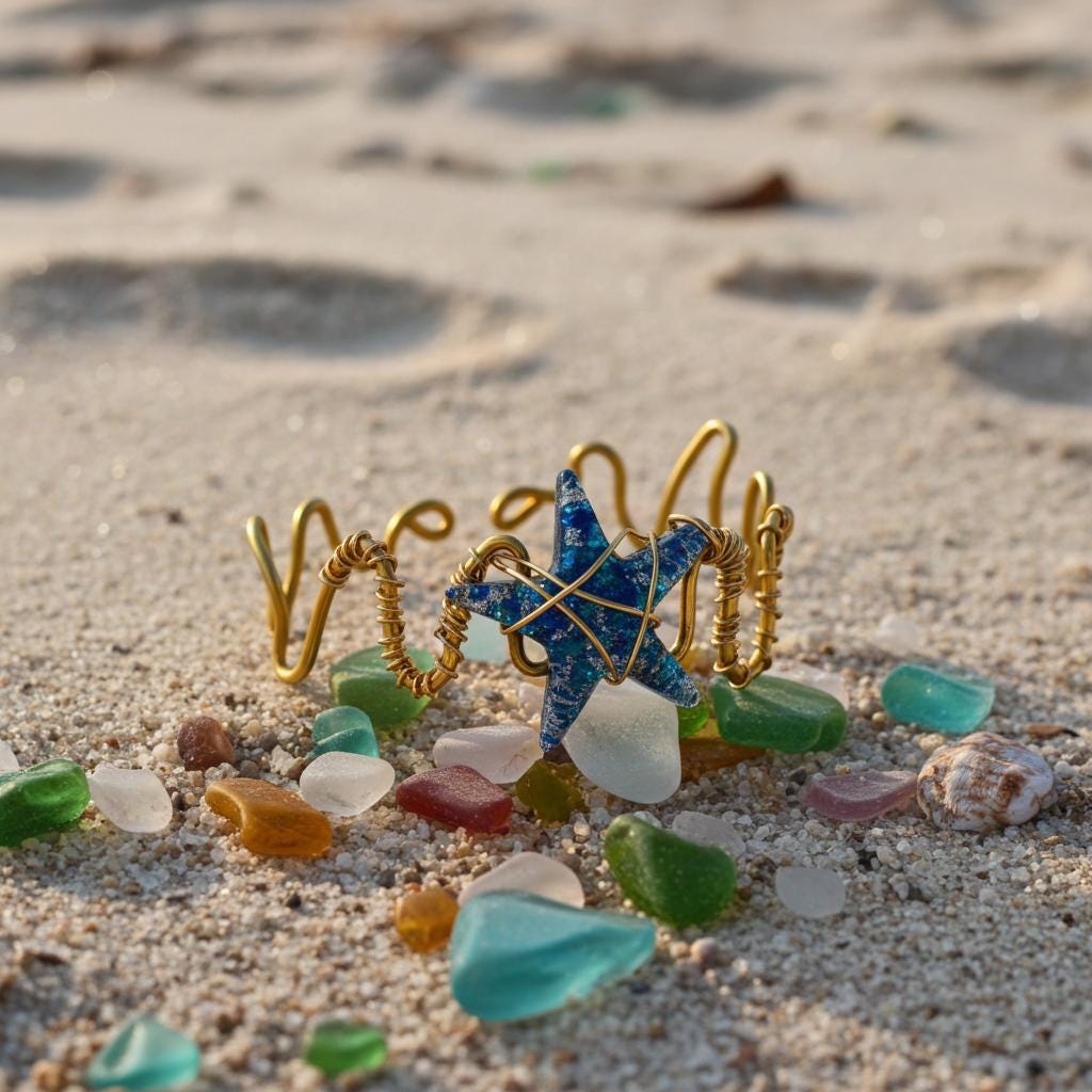 Starfish copper bracelet on a sandy surface with colorful stones.
