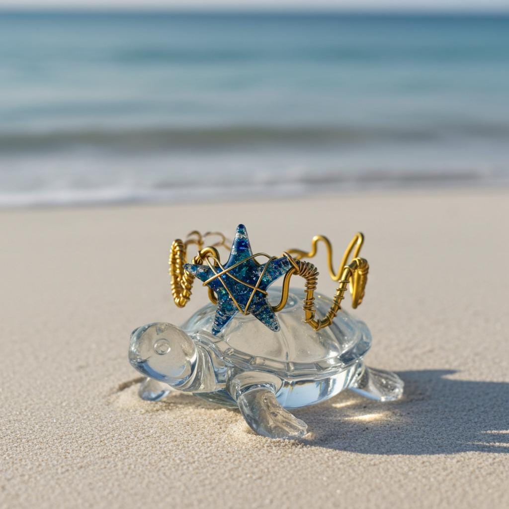 Glass turtle figurine with starfish bracelet and anchors on a sandy beach