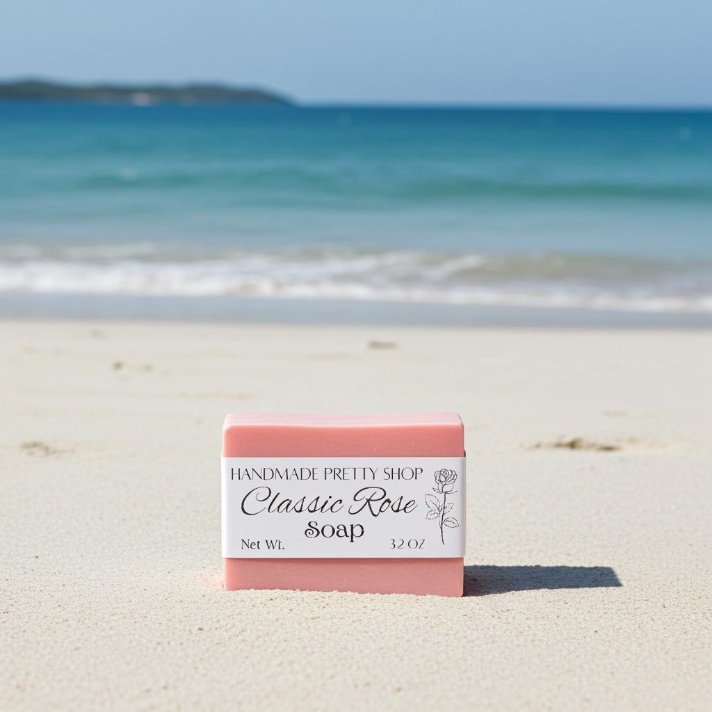 Bar of soap with 'Handmade Pretty Shop' branding on a sandy beach with ocean in the background