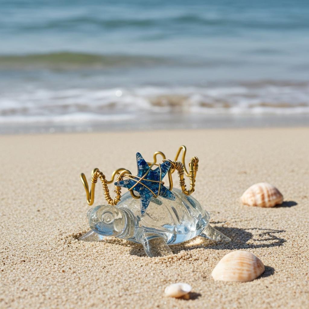 Wired blue starfish bracelet on a sandy beach with ocean waves in the background.