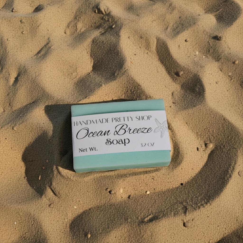 Ocean Breeze soap bar from Handmade Pretty Shop on sand