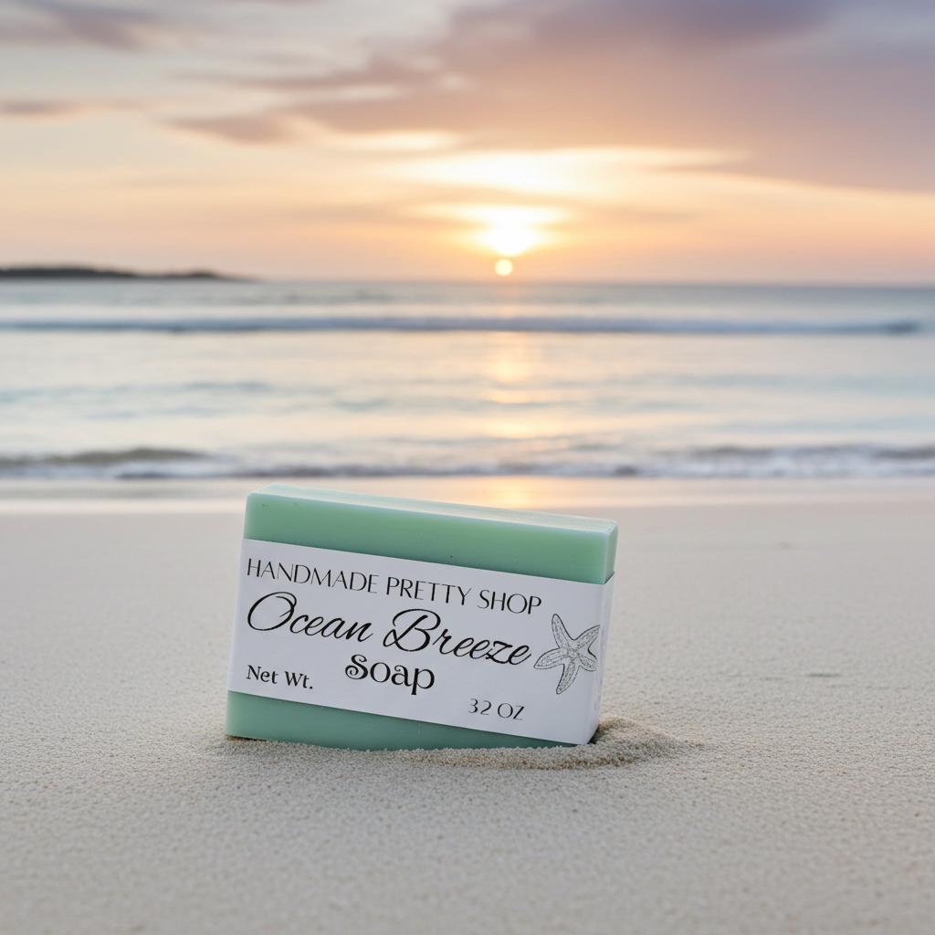 Bar of soap labeled 'Ocean Breeze' on a beach with sunset in the background