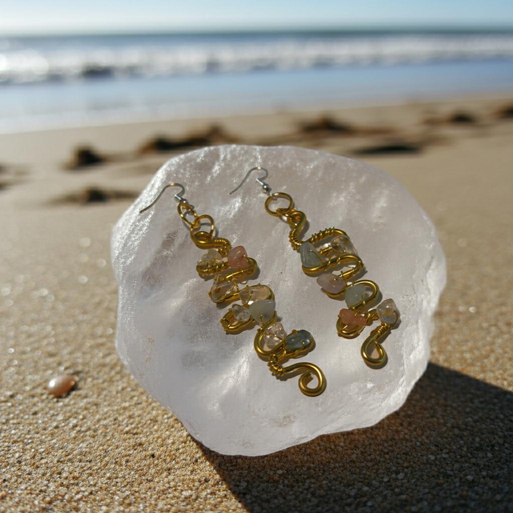 Copper wire and stone earrings on a clear stone with a beach background