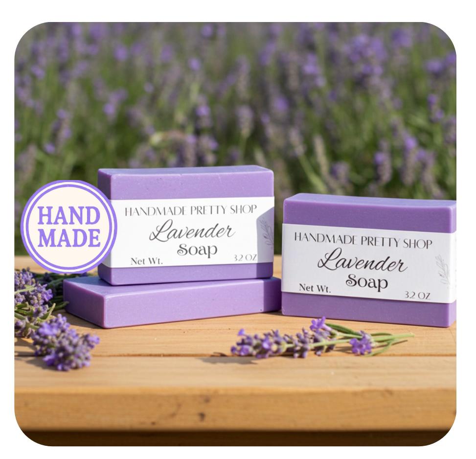 Three bars of lavender soap with 'Handmade Pretty Shop' branding on a wooden surface with lavender flowers in the background.