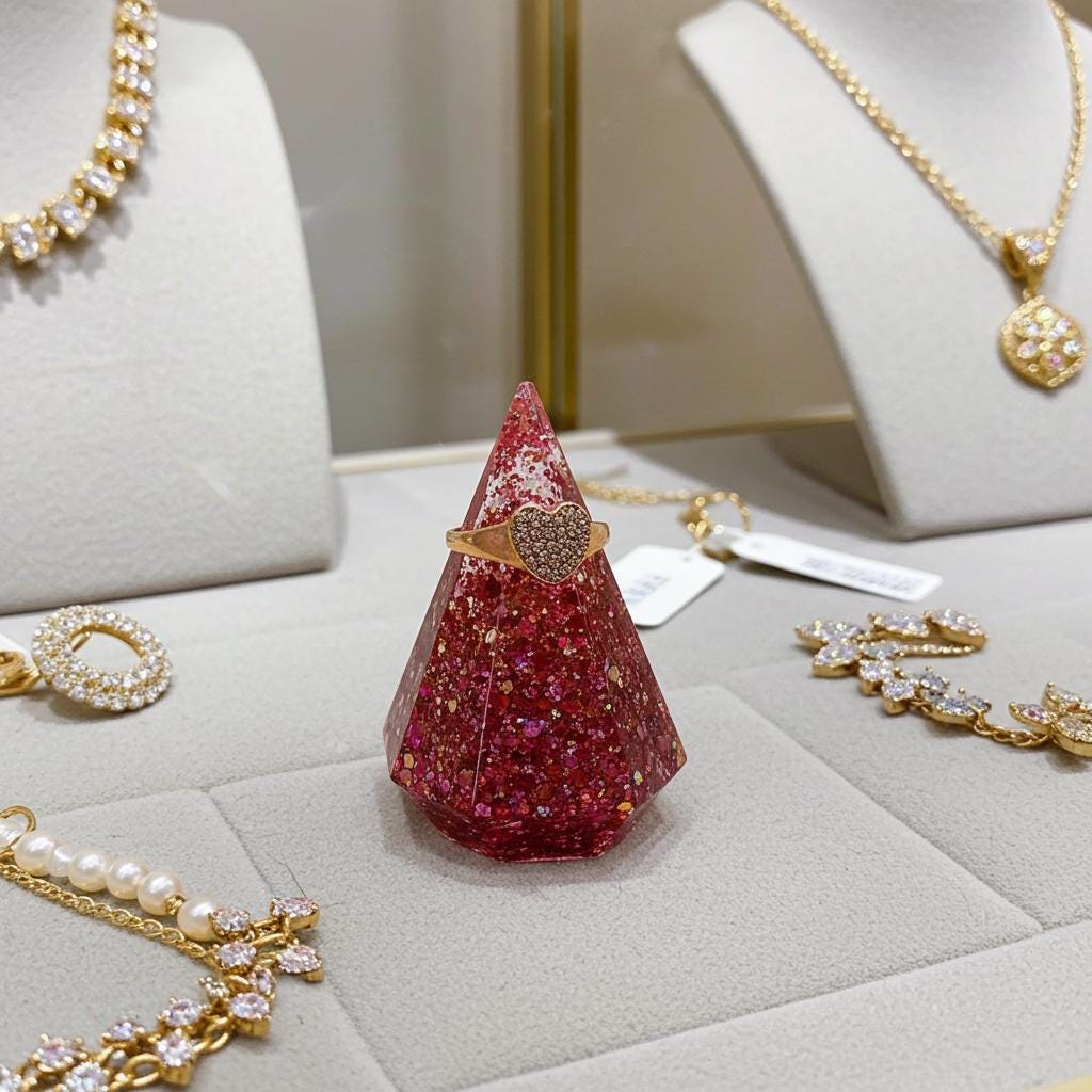 Pink glittery ring holder cone with gold jewelry on a light gray surface