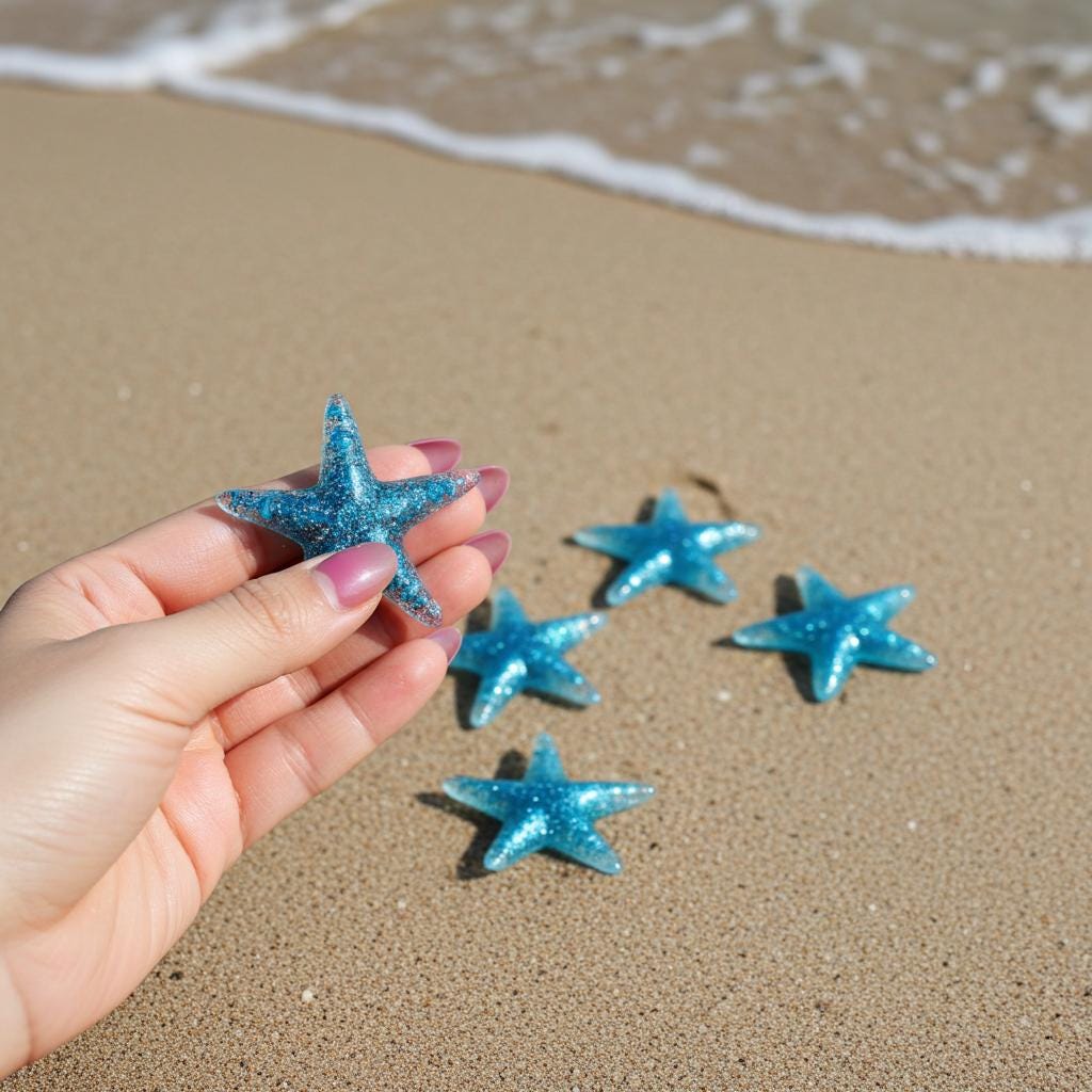 Blue sequin resin starfish held by a hand on a sandy beach with waves in the background