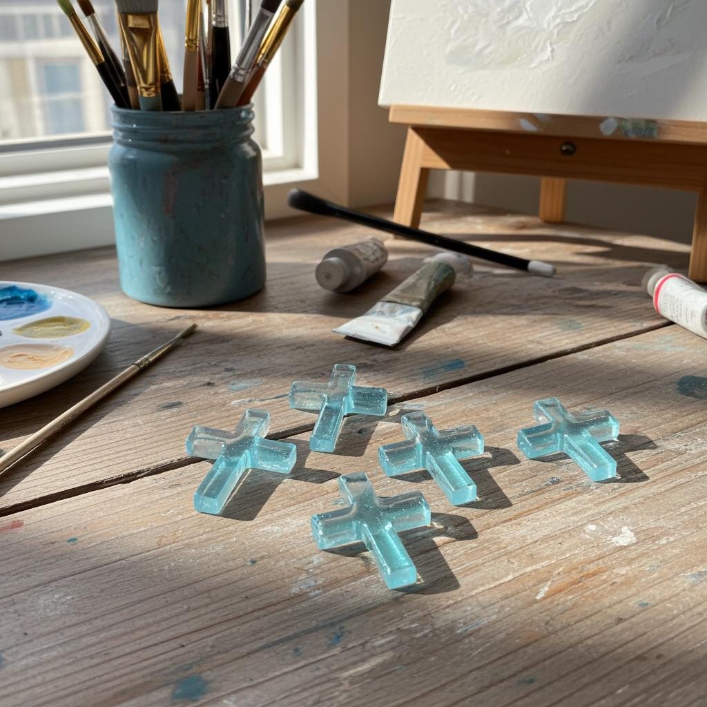Blue resin crosses on a wooden table with art supplies in the background