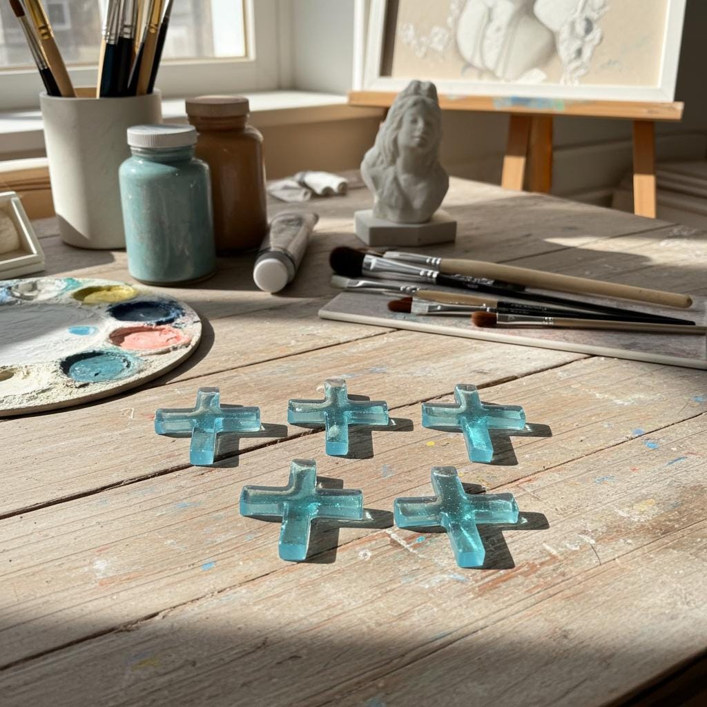 Blue resin crosses on a wooden table with art supplies in the background