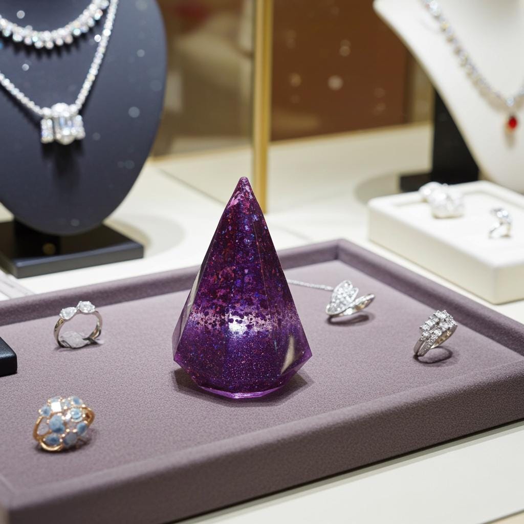 Purple teardrop-shaped jewelry display with rings on a purple tray.