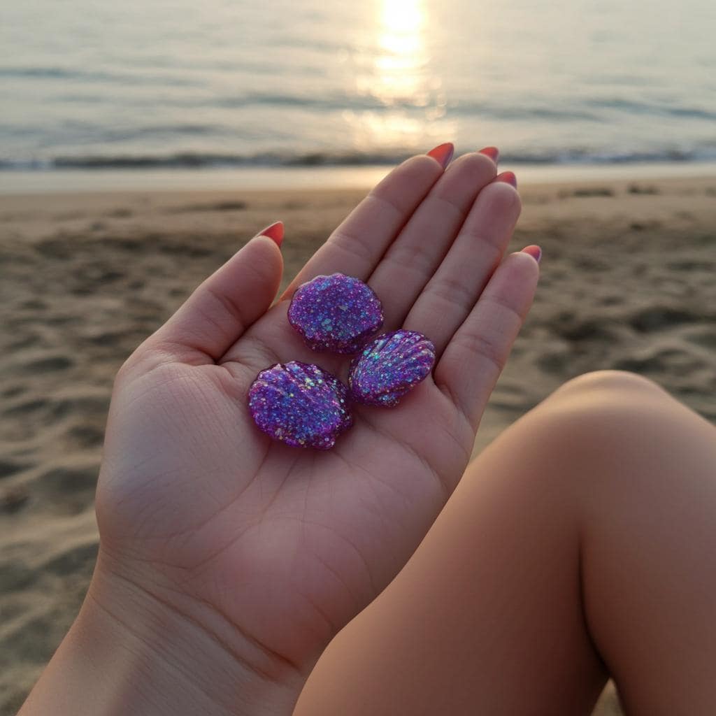 Hand holding three purple glittery resin shells with a beach and sunset in the background