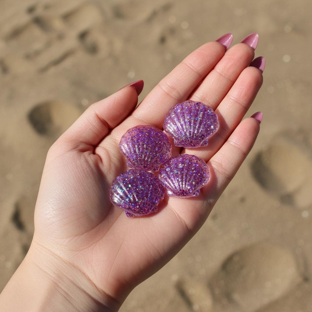 Hand holding four glittery purple seashells against a sandy background