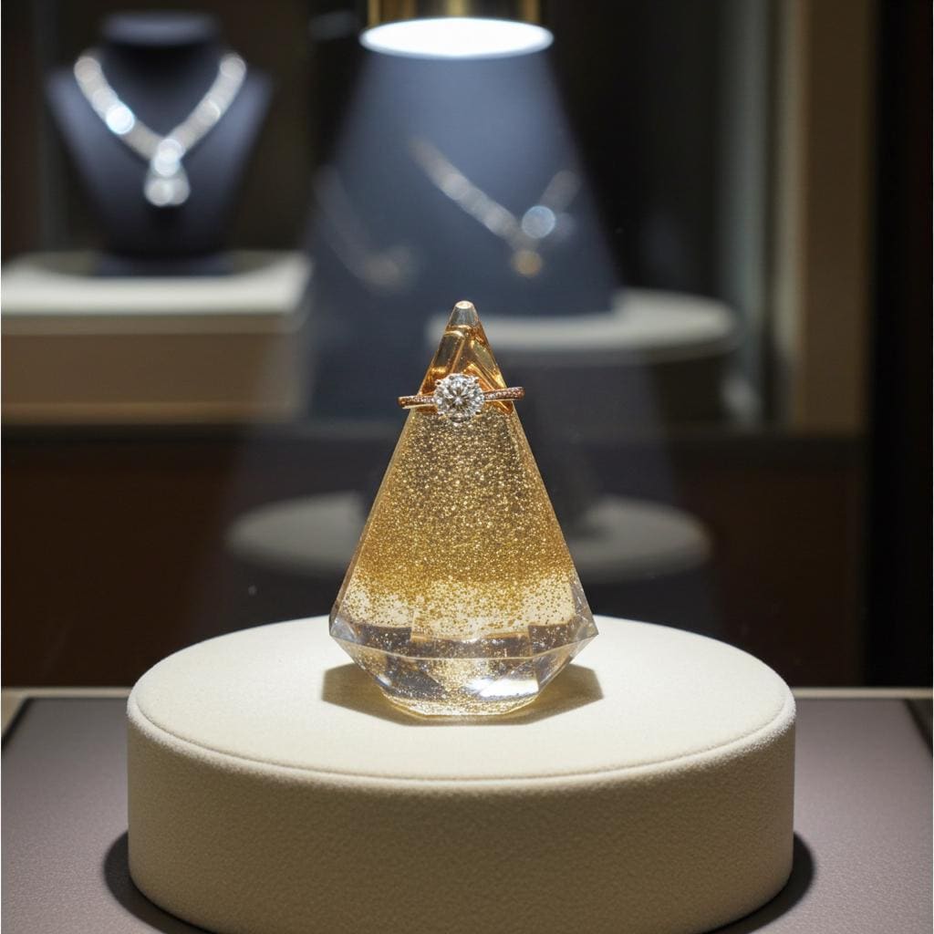 Gold teardrop-shaped jewelry piece on a display stand with blurred jewelry store background