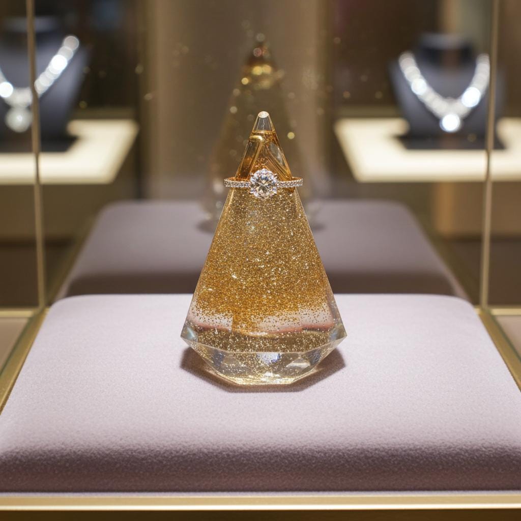Diamond ring on a pyramid-shaped display in a jewelry store