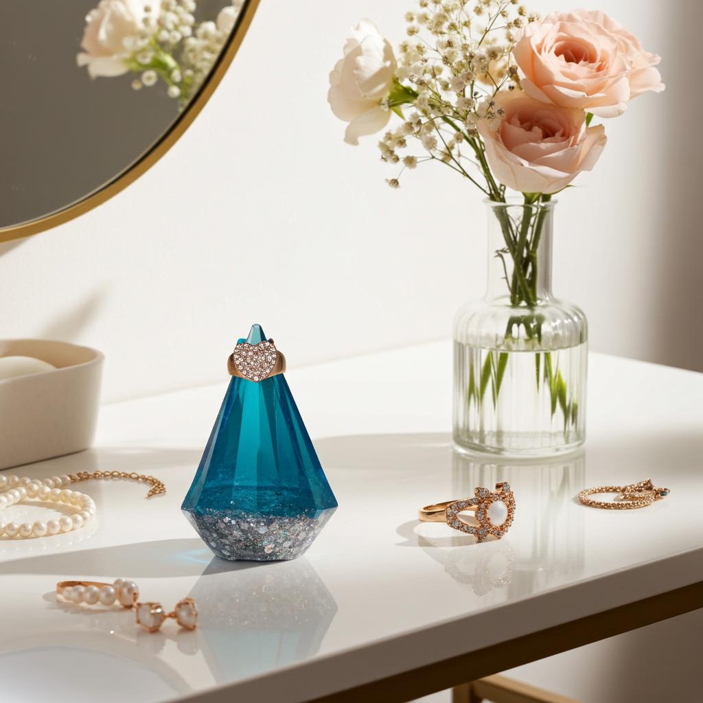 Blue ring holder, clear vase with flowers, and jewelry on a table.