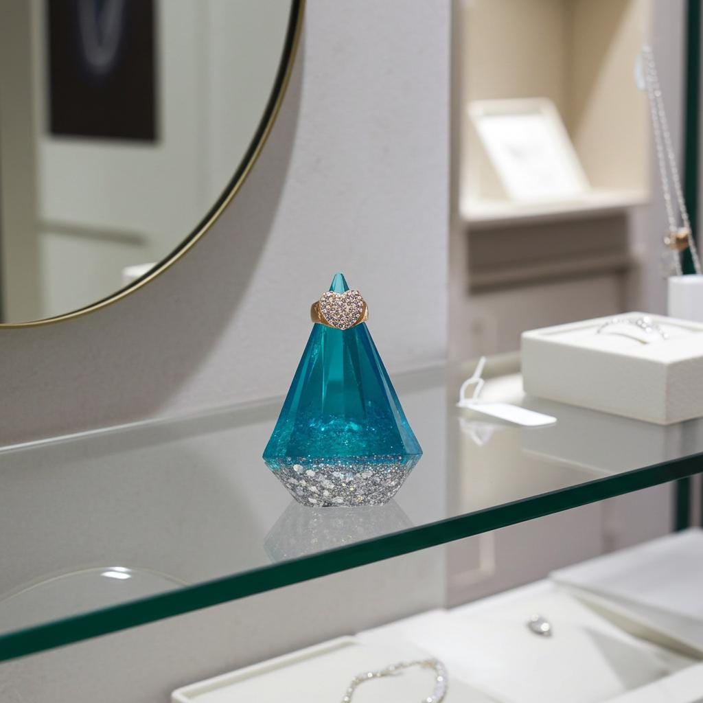 Blue resin ring holder cone on a glass surface with a mirror and jewelry box in the background
