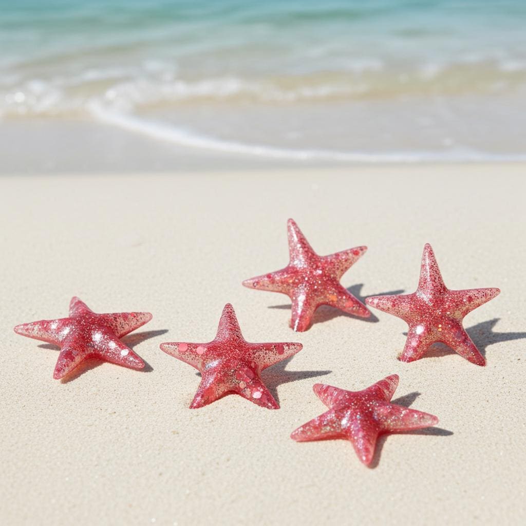 Pink glittery resin starfish on a sandy beach with ocean waves in the background