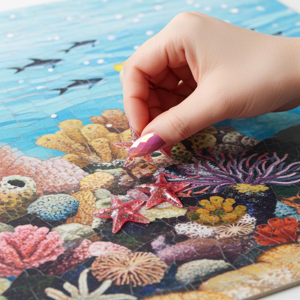 Hand placing a pink resin starfish onto an underwater-themed puzzle with colorful coral and fish.