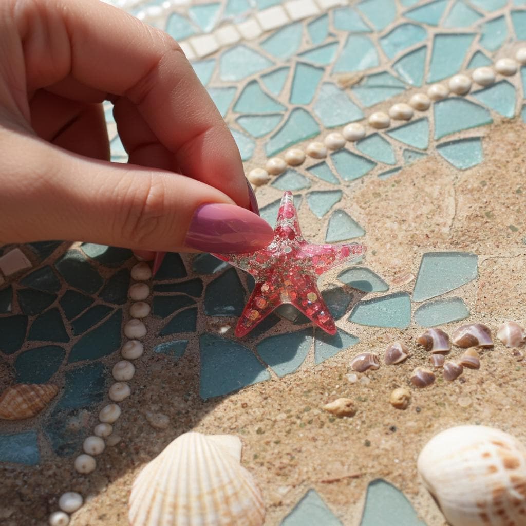 Hand placing a resin pink starfish on a mosaic with shells and sand.