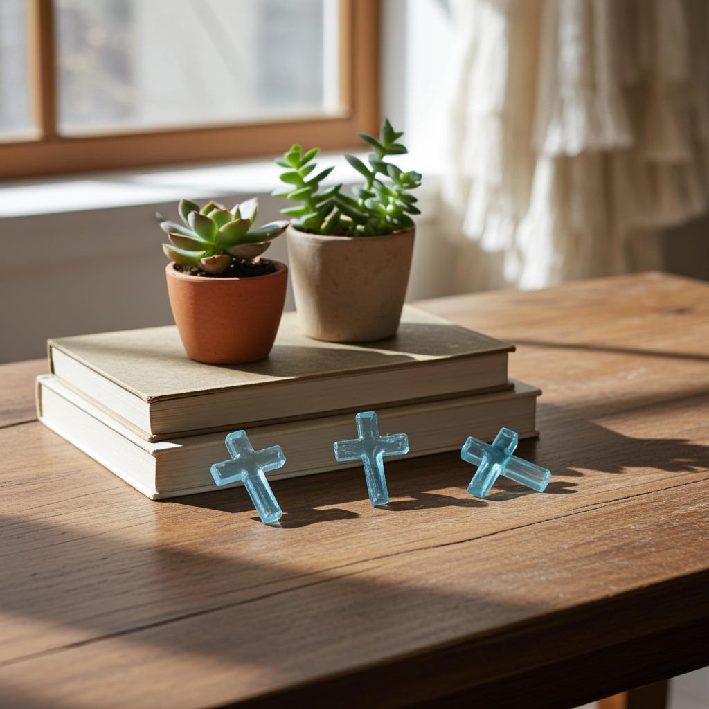 Three blue resin crosses on a wooden table with books and plants in the background.