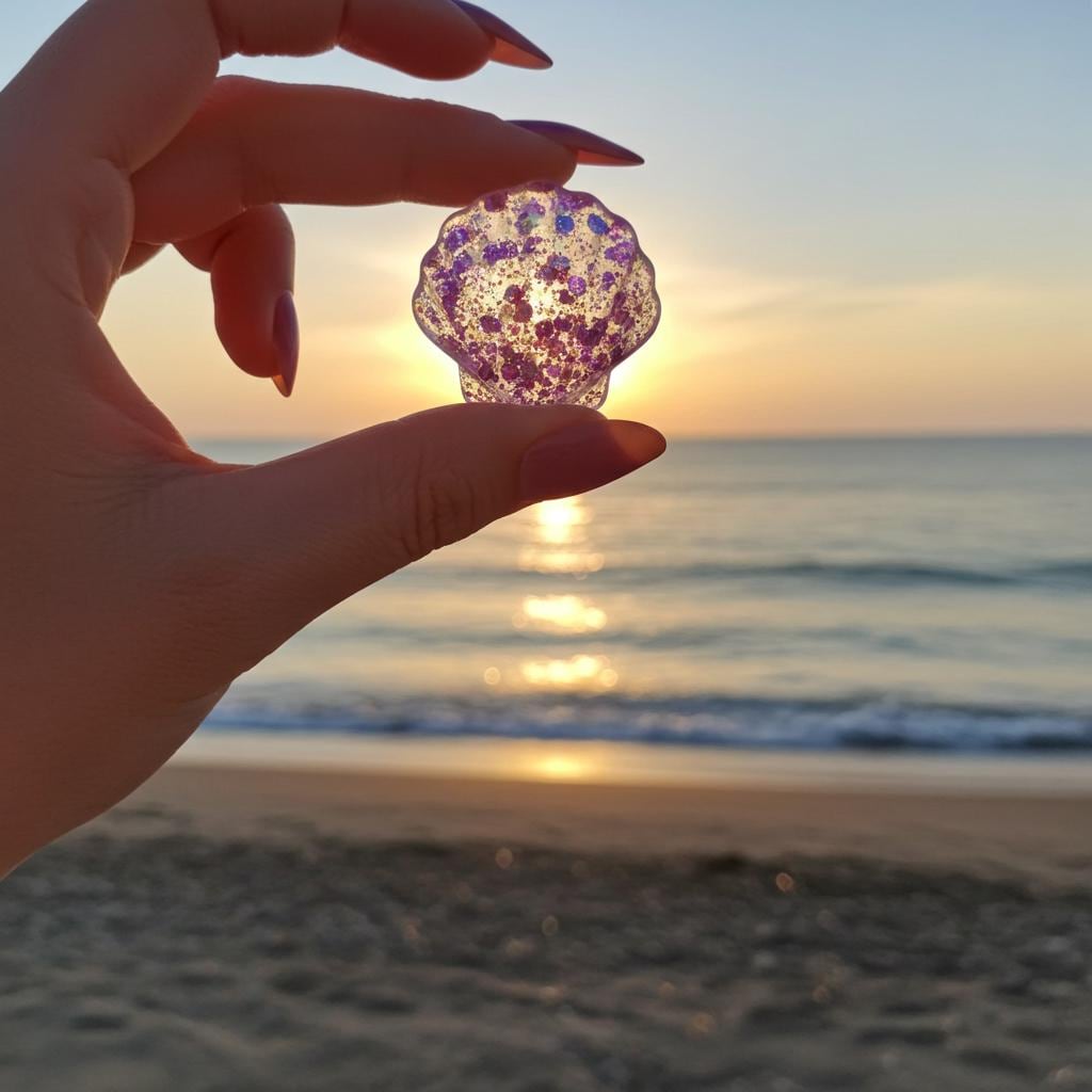 Hand holding a decorative shell against a sunset beach backdrop