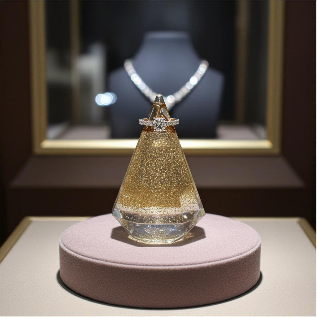 Diamond ring on a decorative stand with a blurred jewelry display in the background