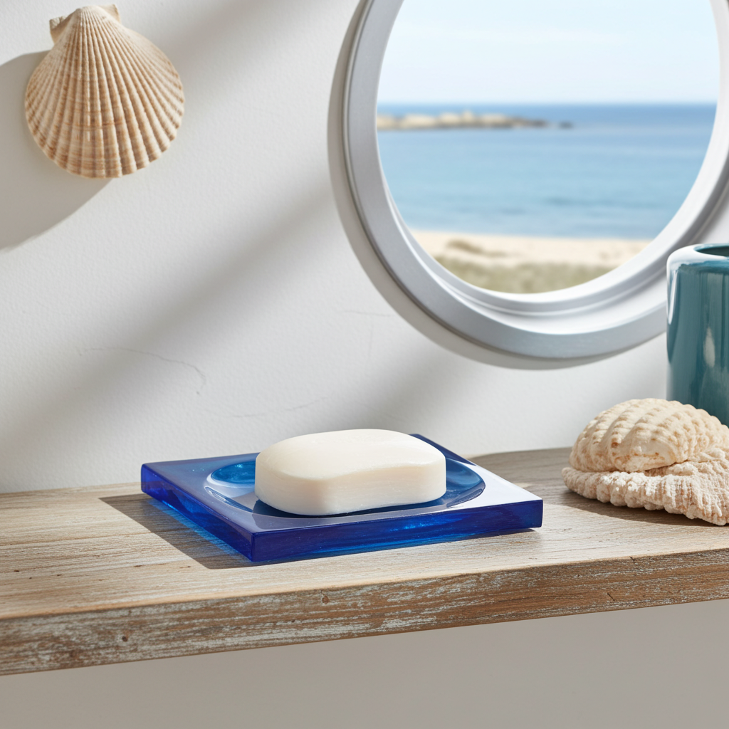 A bar of soap rests on a blue soap dish on a weathered shelf, evoking a coastal bathroom aesthetic with a seashell and ocean view visible through a porthole window.