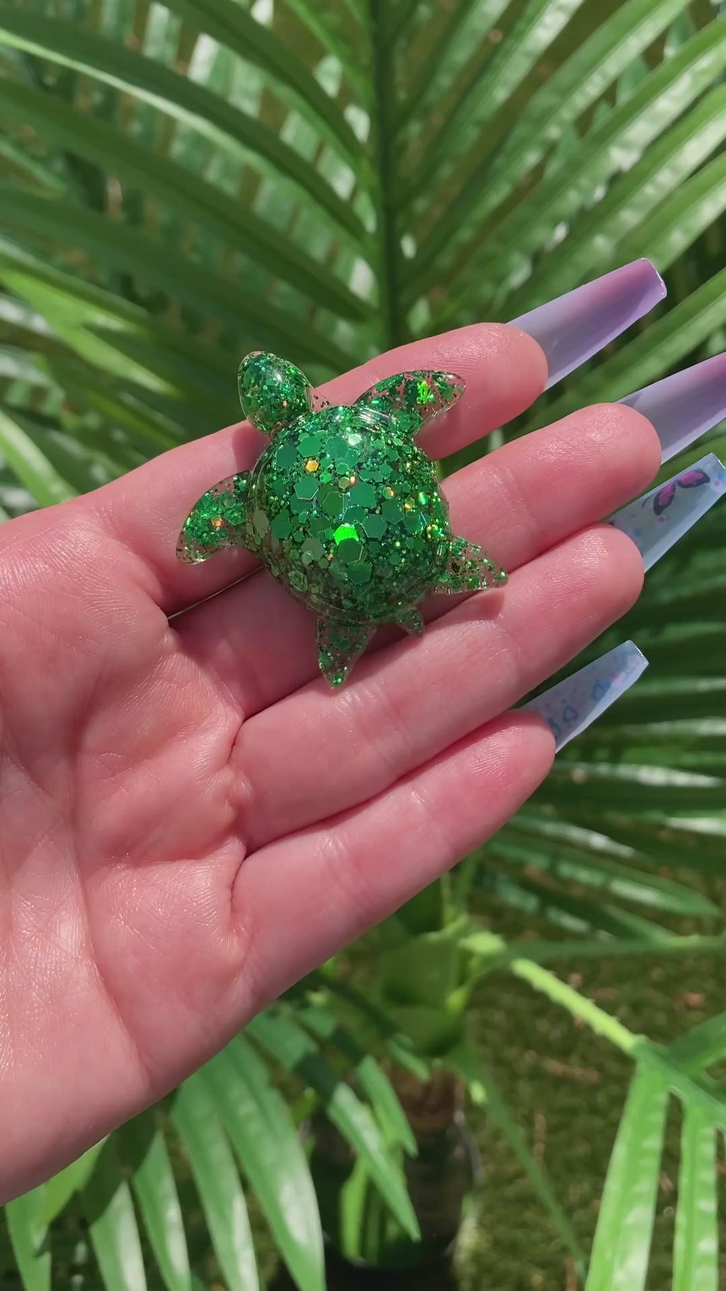 Video shows a green turtle car vent clip in front of a plant 