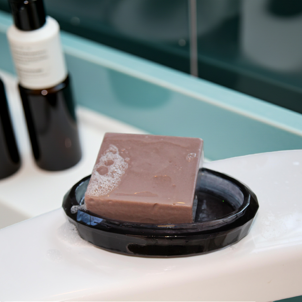 A bar of artisan soap rests in a black dish on a white bathroom sink next to skincare bottles.