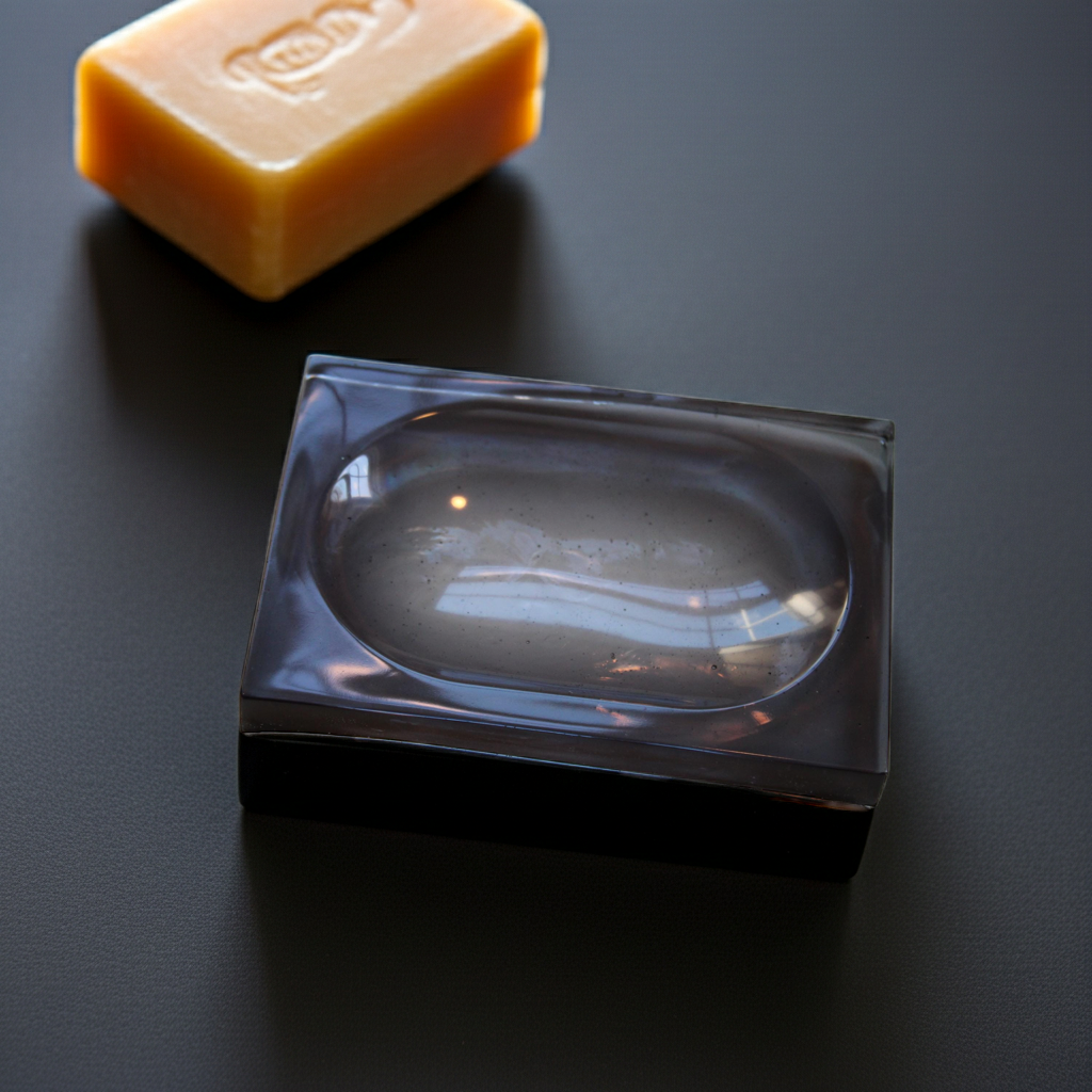 A bar of natural soap sits near a smoky resin soap dish on a dark surface.
