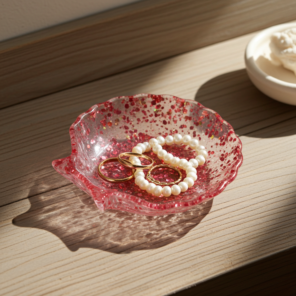Pink speckled jewelry dish with gold and pearl rings on a wooden surface