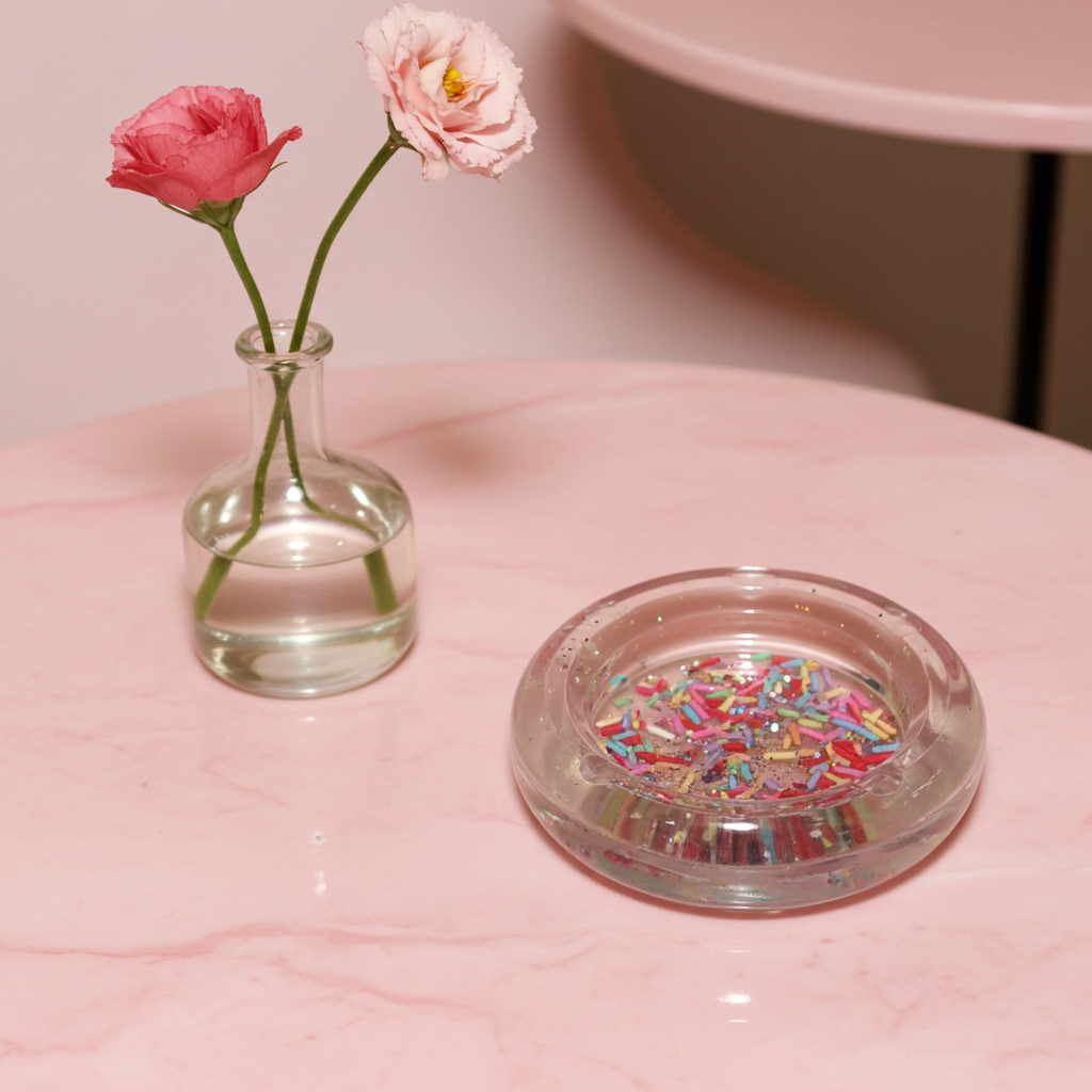 Clear sprinkle resin ashtray with colorful design on a pink surface with a small vase of flowers.